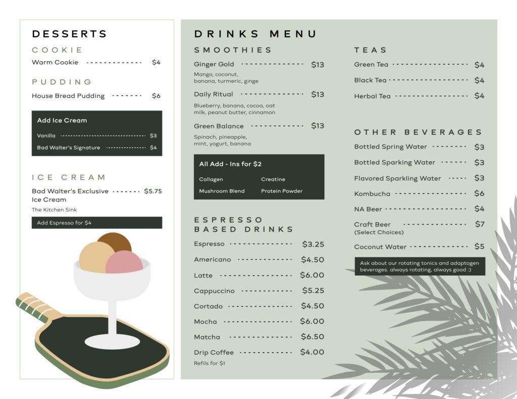 Desserts and Drinks menu