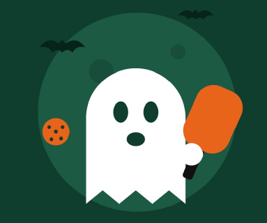 Ghost holding a pickleball paddle, from the Monster Mash tournament flyer